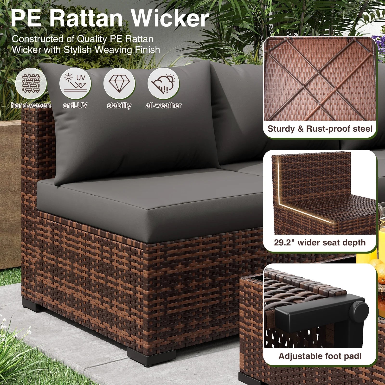 Patio Furniture Set, Outdoor Patio Furniture Wicker Furniture Couch Set, 9 Pieces Outdoor Sectional Sofa, Patio Furniture Set, Outdoor Patio Set for Porch Furniture (Grey)