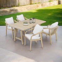 5-Piece Outdoor Dining Set, Solid Eucalyptus Wood Patio Furniture with Handwoven Rope Chairs, Weather-Resistant Cushions, Large Table for Backyard, Deck or Balcony, Natural Finish