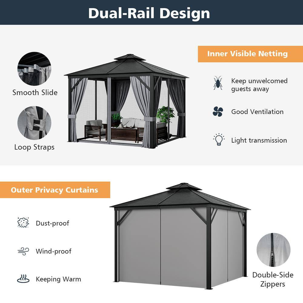10 Ft. X 10 Ft. Patio Double-Top Hardtop Gazebo Galvanized Steel Roof Aluminum Frame