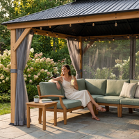 11 Ft. X 13 Ft. Double Roof Hardtop Wooden Patio Gazebo with Netting and Gray Curtains — Lifestyle