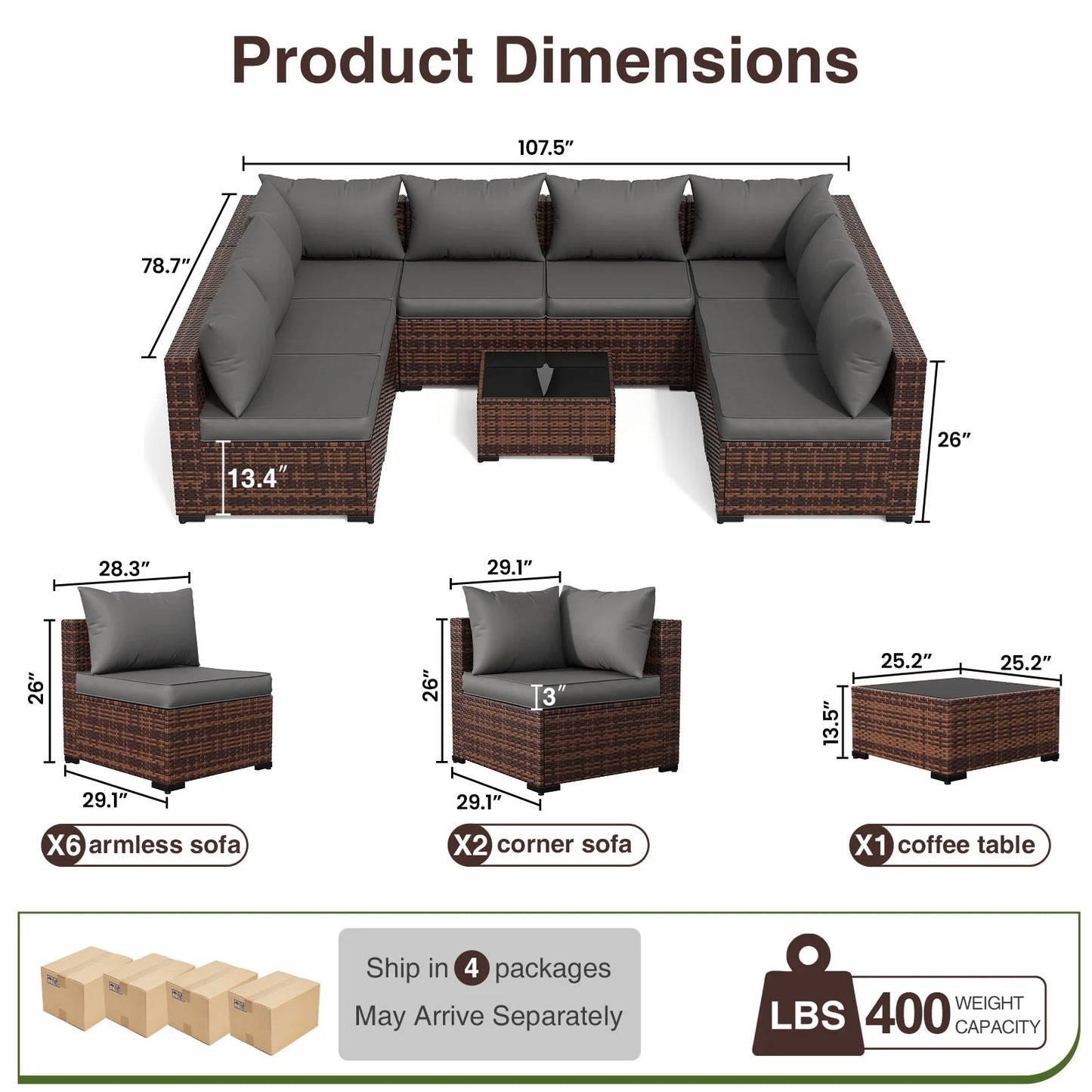 Patio Furniture Set, Outdoor Patio Furniture Wicker Furniture Couch Set, 9 Pieces Outdoor Sectional Sofa, Patio Furniture Set, Outdoor Patio Set for Porch Furniture (Grey)