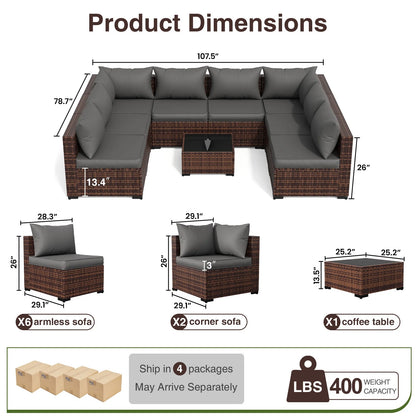 Patio Furniture Set, Outdoor Patio Furniture Wicker Furniture Couch Set, 9 Pieces Outdoor Sectional Sofa, Patio Furniture Set, Outdoor Patio Set for Porch Furniture (Grey)
