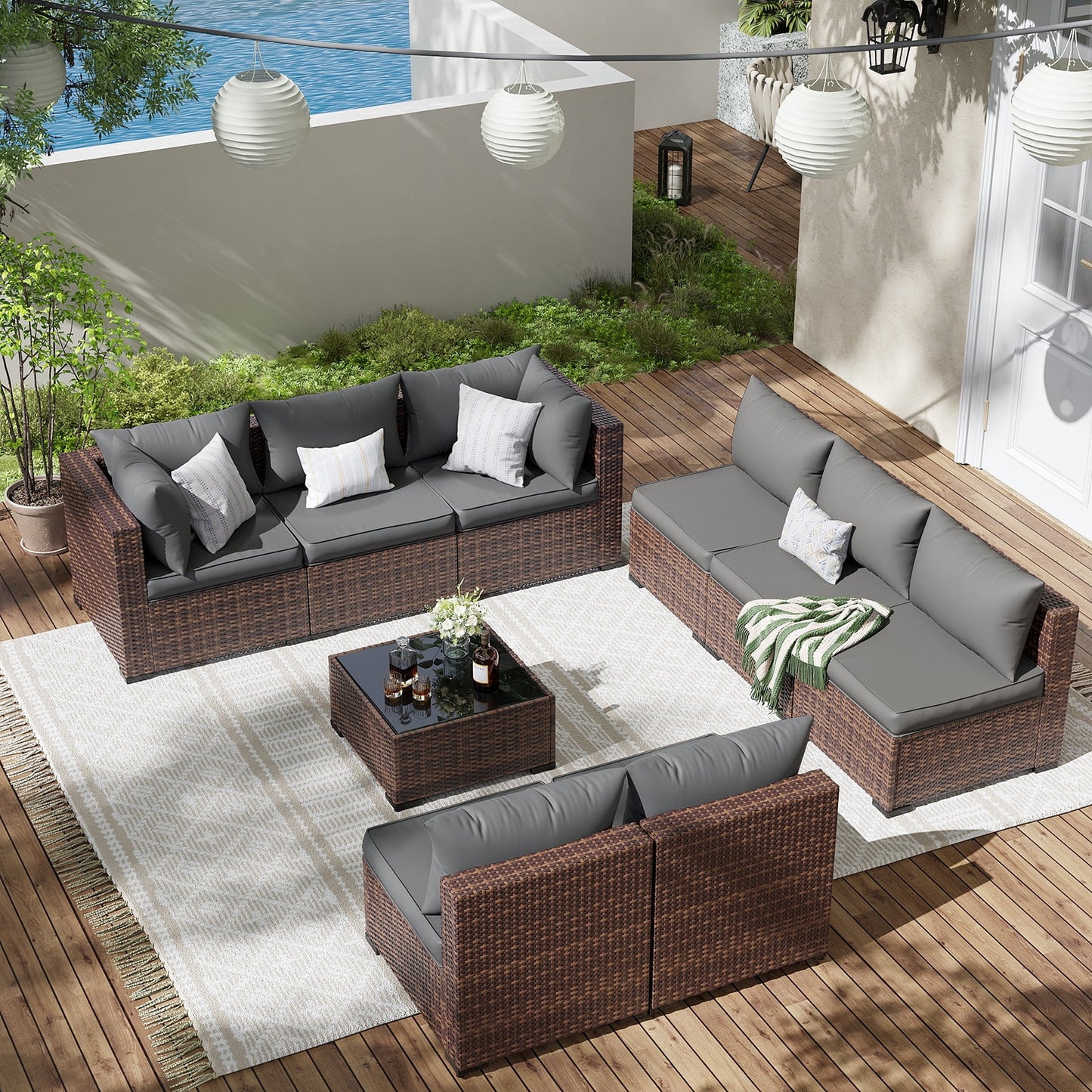 Patio Furniture Set, Outdoor Patio Furniture Wicker Furniture Couch Set, 9 Pieces Outdoor Sectional Sofa, Patio Furniture Set, Outdoor Patio Set for Porch Furniture (Grey)
