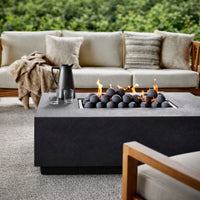 Rectangular Fire Pit Table Built for Multi-Purpose Use, Concrete Construction, Ceramic Wind Guard
