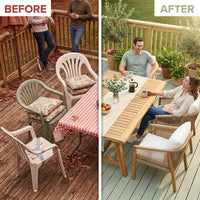 5-Piece Outdoor Dining Set, Solid Eucalyptus Wood Patio Furniture with Handwoven Rope Chairs, Weather-Resistant Cushions, Large Table for Backyard, Deck or Balcony, Natural Finish — Before & After