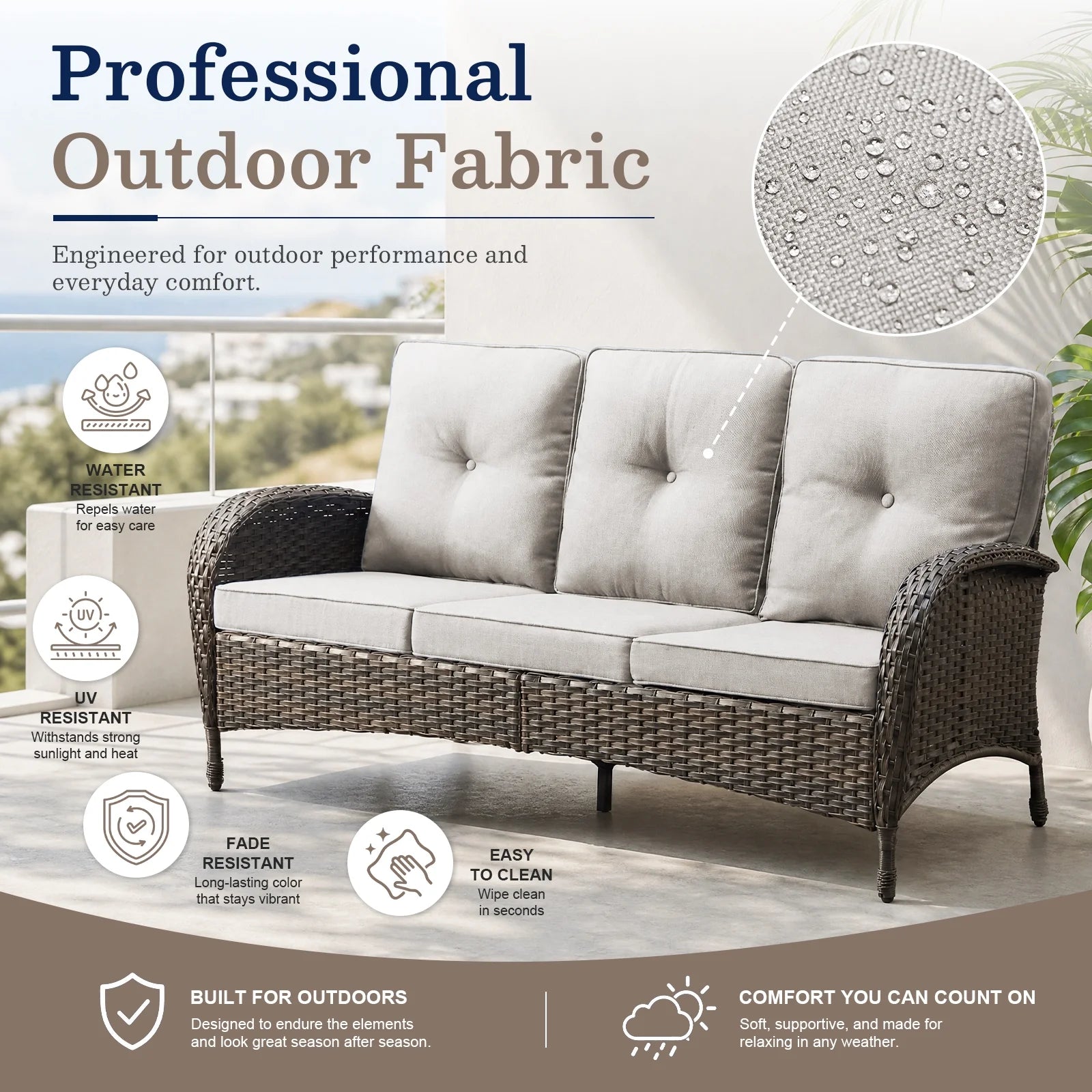 7 Piece Outdoor Patio Furniture Set, Patio Furniture Set with Fire Pit Table Rattan Wicker Patio Furniture Set, Brown Wicker & Beige Cushion