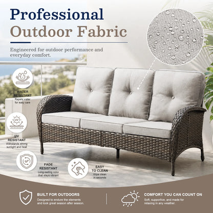7 Piece Outdoor Patio Furniture Set, Patio Furniture Set with Fire Pit Table Rattan Wicker Patio Furniture Set, Brown Wicker & Beige Cushion