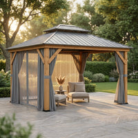 11 Ft. X 13 Ft. Double Roof Hardtop Wooden Patio Gazebo with Netting and Gray Curtains — Studio Shot