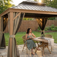 10 Ft. X 12 Ft. Double Roof Hardtop Wood Grain Aluminum Patio Gazebo with Netting and Khaki Curtains — Lifestyle