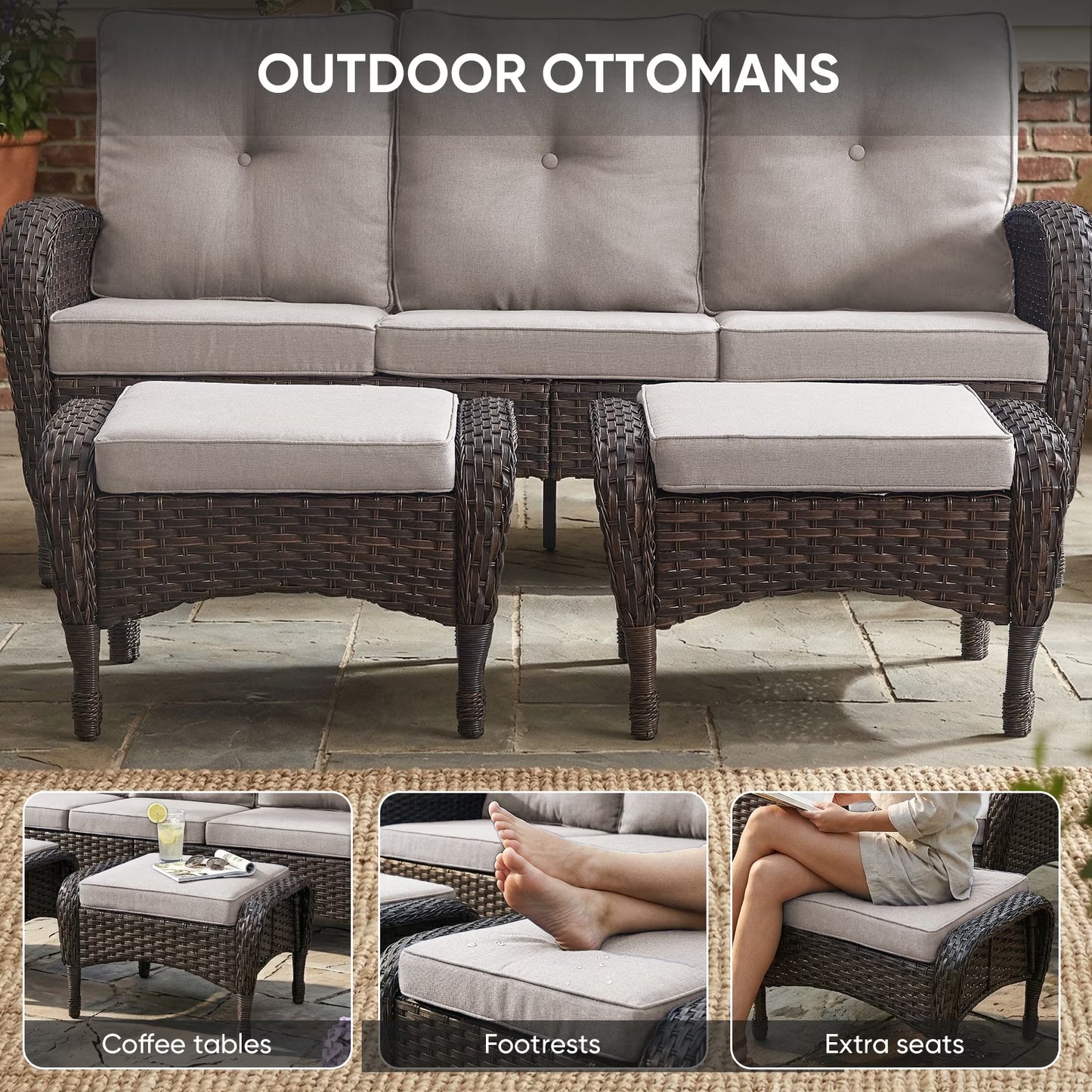 7 Piece Outdoor Patio Furniture Set, Patio Furniture Set with Fire Pit Table Rattan Wicker Patio Furniture Set, Brown Wicker & Beige Cushion