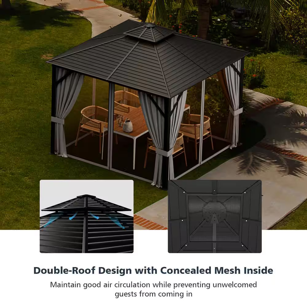10 Ft. X 10 Ft. Patio Double-Top Hardtop Gazebo Galvanized Steel Roof Aluminum Frame