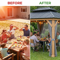 11 Ft. X 13 Ft. Double Roof Hardtop Wooden Patio Gazebo with Netting and Gray Curtains — Before & After