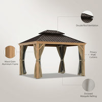 10 Ft. X 12 Ft. Double Roof Hardtop Wood Grain Aluminum Patio Gazebo with Netting and Khaki Curtains — infographic
