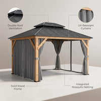 11 Ft. X 13 Ft. Double Roof Hardtop Wooden Patio Gazebo with Netting and Gray Curtains — infographic