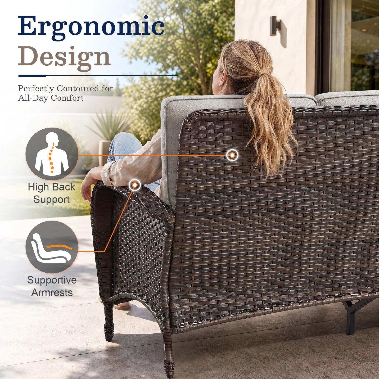 7 Piece Outdoor Patio Furniture Set, Patio Furniture Set with Fire Pit Table Rattan Wicker Patio Furniture Set, Brown Wicker & Beige Cushion