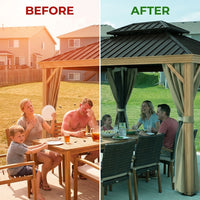 10 Ft. X 12 Ft. Double Roof Hardtop Wood Grain Aluminum Patio Gazebo with Netting and Khaki Curtains — Before & After