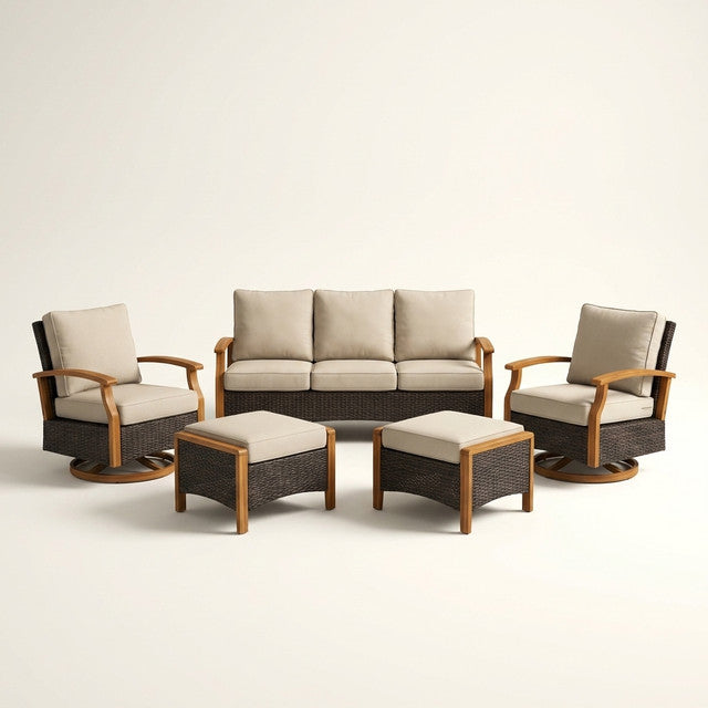 Luxury Outdoor Wicker Patio Furniture Set,5 Piece Deep Seating Outdoor Conversation Set with Patio Swivel Rocker Patio Chairs,Rattan Couch and Ottomans for Deck Porch Poolside — Studio Shot