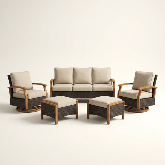 Luxury Outdoor Wicker Patio Furniture Set,5 Piece Deep Seating Outdoor Conversation Set with Patio Swivel Rocker Patio Chairs,Rattan Couch and Ottomans for Deck Porch Poolside — Studio Shot