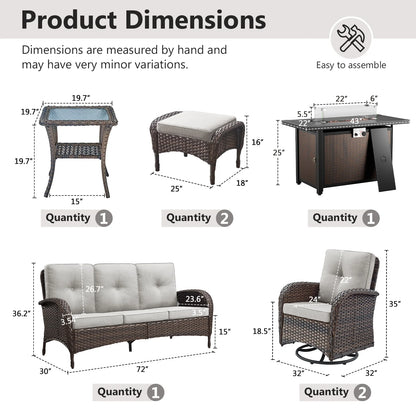 7 Piece Outdoor Patio Furniture Set, Patio Furniture Set with Fire Pit Table Rattan Wicker Patio Furniture Set, Brown Wicker & Beige Cushion