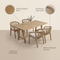 5-Piece Outdoor Dining Set, Solid Eucalyptus Wood Patio Furniture with Handwoven Rope Chairs, Weather-Resistant Cushions, Large Table for Backyard, Deck or Balcony, Natural Finish — infographic