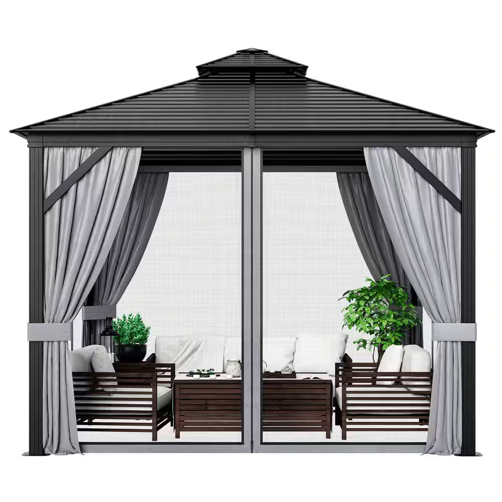 10 Ft. X 10 Ft. Patio Double-Top Hardtop Gazebo Galvanized Steel Roof Aluminum Frame