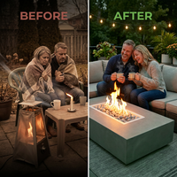 Rectangular Fire Pit Table Built for Multi-Purpose Use, Concrete Construction, Ceramic Wind Guard — Before & After