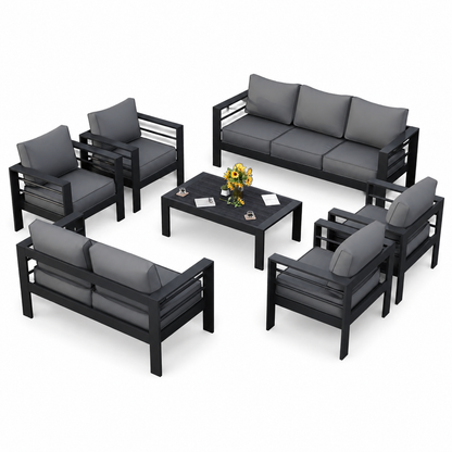 Aluminum Patio Furniture Set, 7 Piece Metal Outdoor Set, Patio Furniture Set with Waterproof Covers for Backyard Garden（Grey）