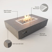Rectangular Fire Pit Table Built for Multi-Purpose Use, Concrete Construction, Ceramic Wind Guard — infographic