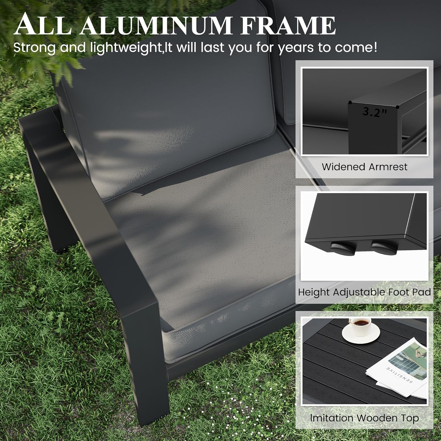 Aluminum Patio Furniture Set, 7 Piece Metal Outdoor Set, Patio Furniture Set with Waterproof Covers for Backyard Garden（Grey）