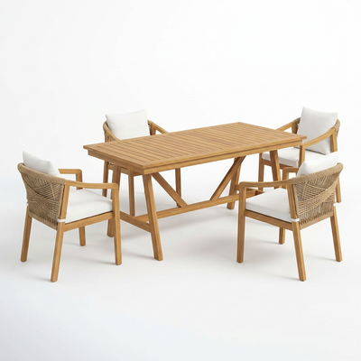 Outdoor Dining Set Built for Weather-Resistant Performance, Solid Eucalyptus Wood, Handwoven Rope Chairs, 5-Piece