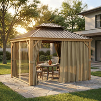 10 Ft. X 12 Ft. Double Roof Hardtop Wood Grain Aluminum Patio Gazebo with Netting and Khaki Curtains — Studio Shot