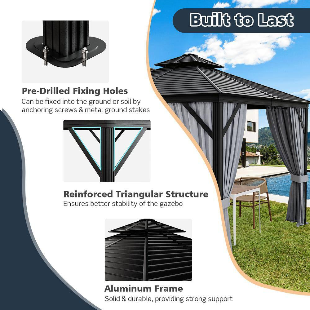 10 Ft. X 10 Ft. Patio Double-Top Hardtop Gazebo Galvanized Steel Roof Aluminum Frame