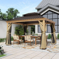 10 Ft. X 12 Ft. Double Roof Hardtop Wood Grain Aluminum Patio Gazebo with Netting and Khaki Curtains