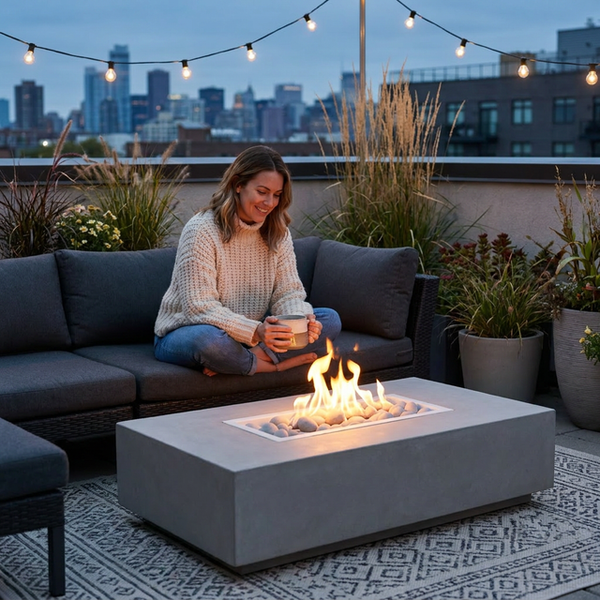 Rectangular Fire Pit Table Built for Multi-Purpose Use, Concrete Construction, Ceramic Wind Guard