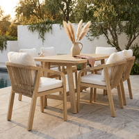 5-Piece Outdoor Dining Set, Solid Eucalyptus Wood Patio Furniture with Handwoven Rope Chairs, Weather-Resistant Cushions, Large Table for Backyard, Deck or Balcony, Natural Finish — Studio Shot