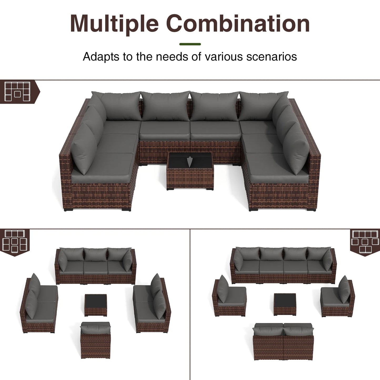 Patio Furniture Set, Outdoor Patio Furniture Wicker Furniture Couch Set, 9 Pieces Outdoor Sectional Sofa, Patio Furniture Set, Outdoor Patio Set for Porch Furniture (Grey)
