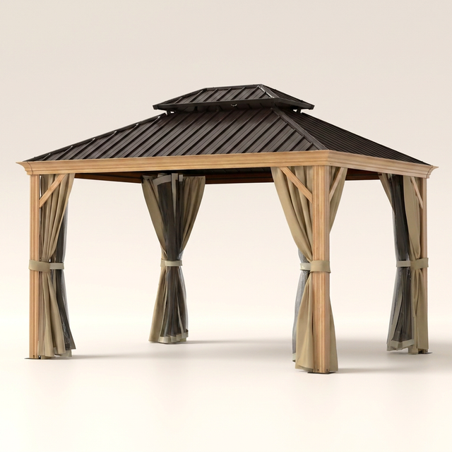 10 Ft. X 12 Ft. Double Roof Hardtop Wood Grain Aluminum Patio Gazebo with Netting and Khaki Curtains — Studio Shot