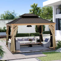 10 Ft. X 12 Ft. Double Roof Hardtop Wood Grain Aluminum Patio Gazebo with Netting and Khaki Curtains