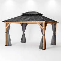 11 Ft. X 13 Ft. Double Roof Hardtop Wooden Patio Gazebo with Netting and Gray Curtains — Studio Shot