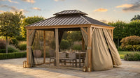10 Ft. X 12 Ft. Double Roof Hardtop Wood Grain Aluminum Patio Gazebo with Netting and Khaki Curtains — Lifestyle