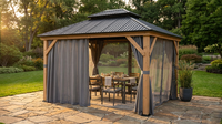 11 Ft. X 13 Ft. Double Roof Hardtop Wooden Patio Gazebo with Netting and Gray Curtains — Lifestyle